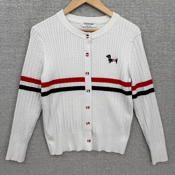 Thom Browne Sweaters - Thom Browne Cable Knit Cardigan Women White Hector Dog Stripe Preppy Luxury